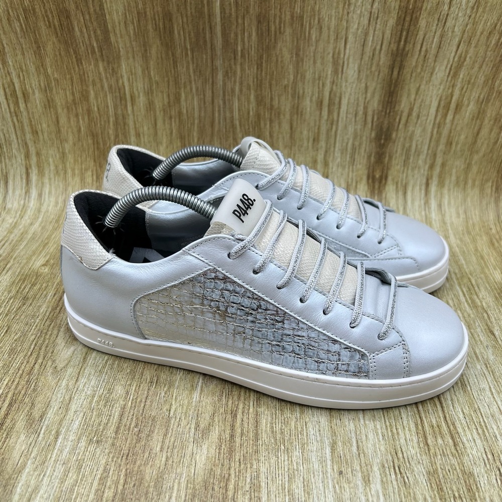P448 John T Croc-Embossed Sneakers Women's Size 8 Silver Metallic Low Top Shoes